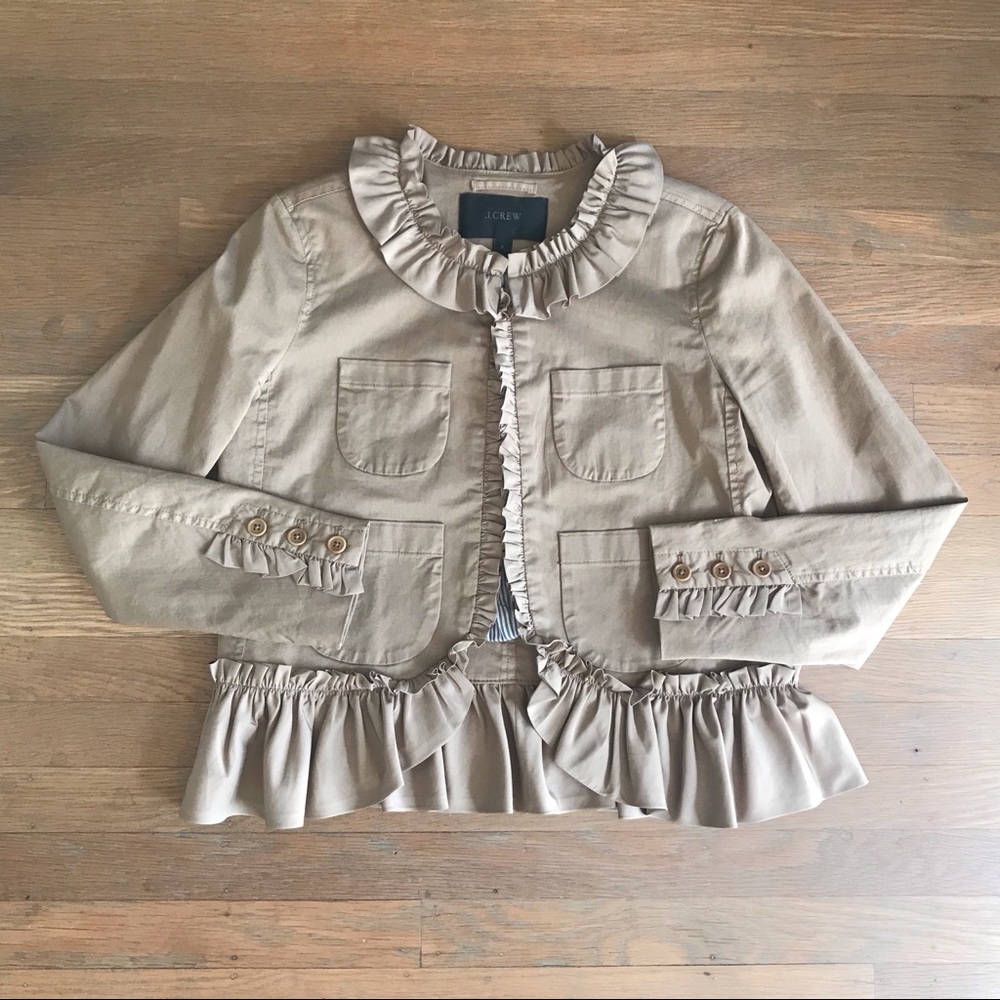 J. Crew Poplin Cotton Jacket Ruffle Trim Kahki 2